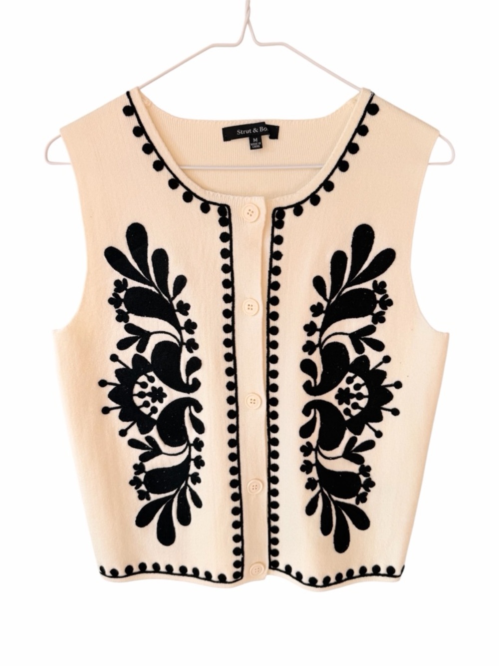 STRUT & BOLT Luxe Cream Button Front Sleeveless Embroidered Sweater Tank MEDIUM